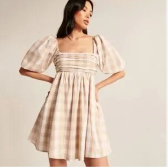 Abercrombie Fitch Emerson Poplin Puff Sleeve Gingham Dress Large Tall LT Peasant - Picture 13 of 13